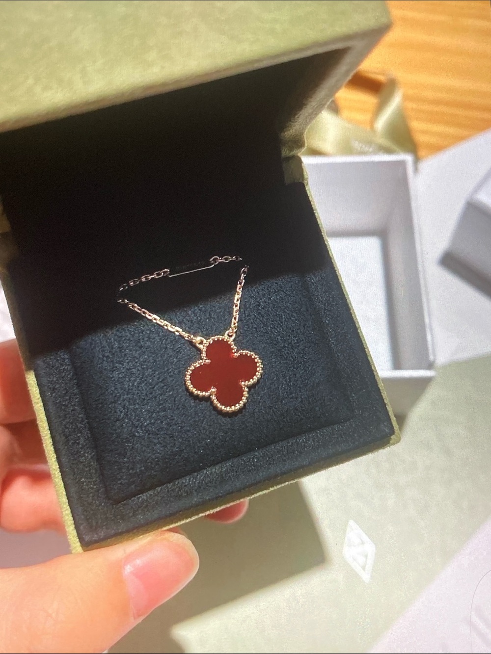 Can Cleef & Arpels Gold Clover Pendant Necklace Red Stone Charm